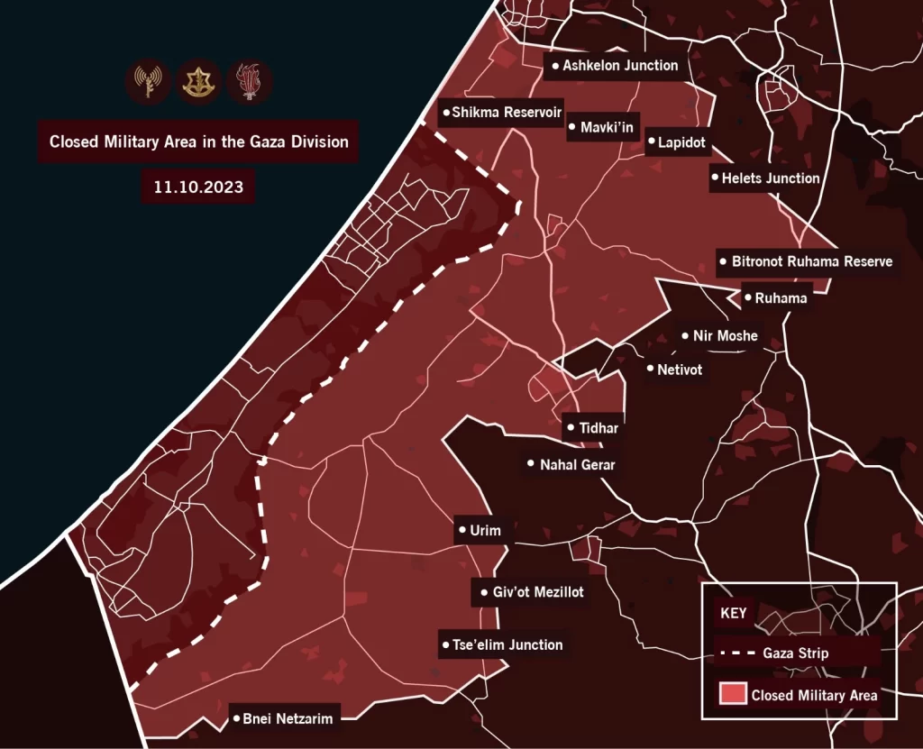 Uzavřená vojenská oblast na jihu Izraele, 11. 10. 2023; zdroj: Izraelské obranné síly