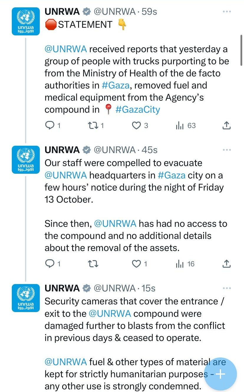 Později smazaná prohlášení UNRWA na síti X. 16. 10. 2023. Zdroj: https://twitter.com/BarakRavid/status/1713915954759889300/photo/1