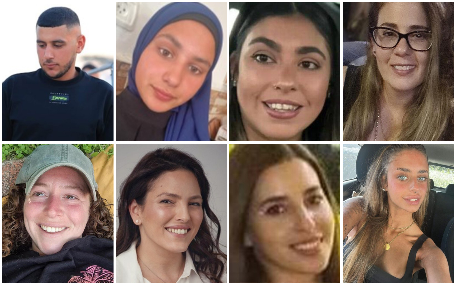 Izraelští rukojmí propuštěni 30. listopadu 2023: (nahoře zleva): sourozenci Bilal a Aisha Ziyadne, Ilana Gritzewsky, Nili Margalit; (dole zleva): Shani Goren, Amit Soussana, Sapir Cohen, Mia Schem. 