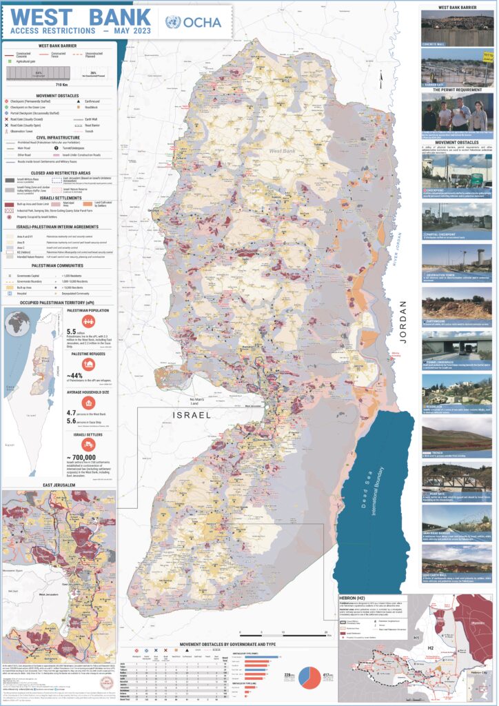 vymezení oblastí A, B, C v Judeji a Samaří podle Úřadu pro koordinaci humanitárních záležitostí OSN (OCHA), stav květen 2023; A - plná kontrola Palestinské správy, B - palestinská civilní a izraelská bezpečnostní kontrola, C - plná izraelská kontrola (kliknutím se obrázek otevře v plné velikosti)
