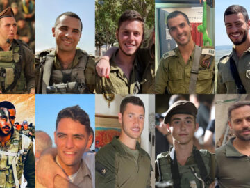 Vojáci padlí v boji proti teroristům Hamasu v Gaze 12. 12. 2023: (nahoře zleva): major Roei Meldasi, podplukovník Tomer Grinberg, seržant Achia Daskal, major Moshe Avram Bar On, kapitán Liel Hayo; (dole zleva): štábní seržant Oriya Yaakov, rotný Rom Hecht, major Ben Shelly, seržant Eran Aloni, plukovník Itzhak Ben Basat