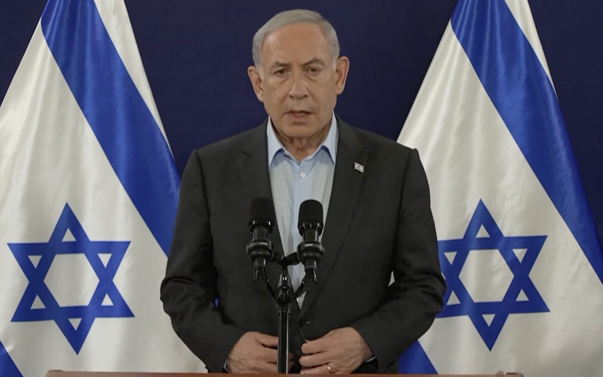 Benjamin Netanjahu při projevu k národu. 16. 12. 2023.